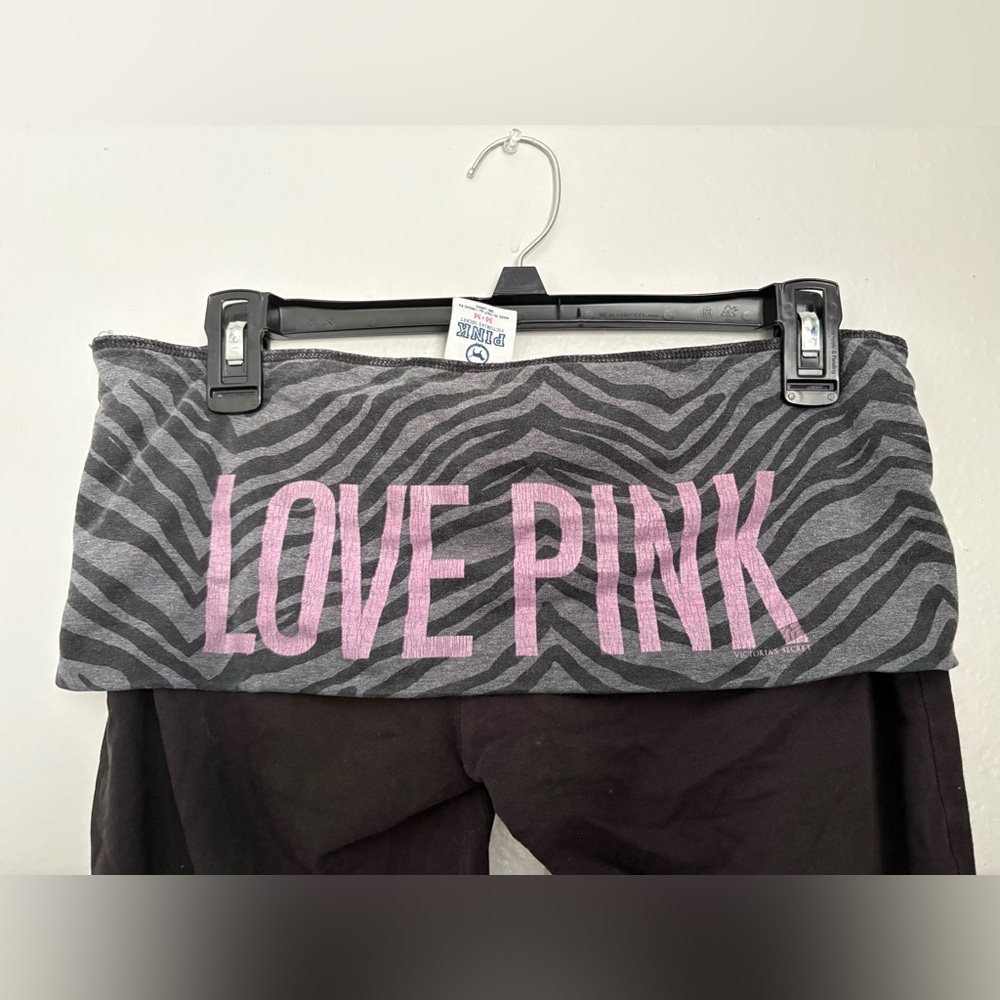 PINK Victoria's Secret Black Leggings with Gray Zebra Waistband - Picture 3 of 7
